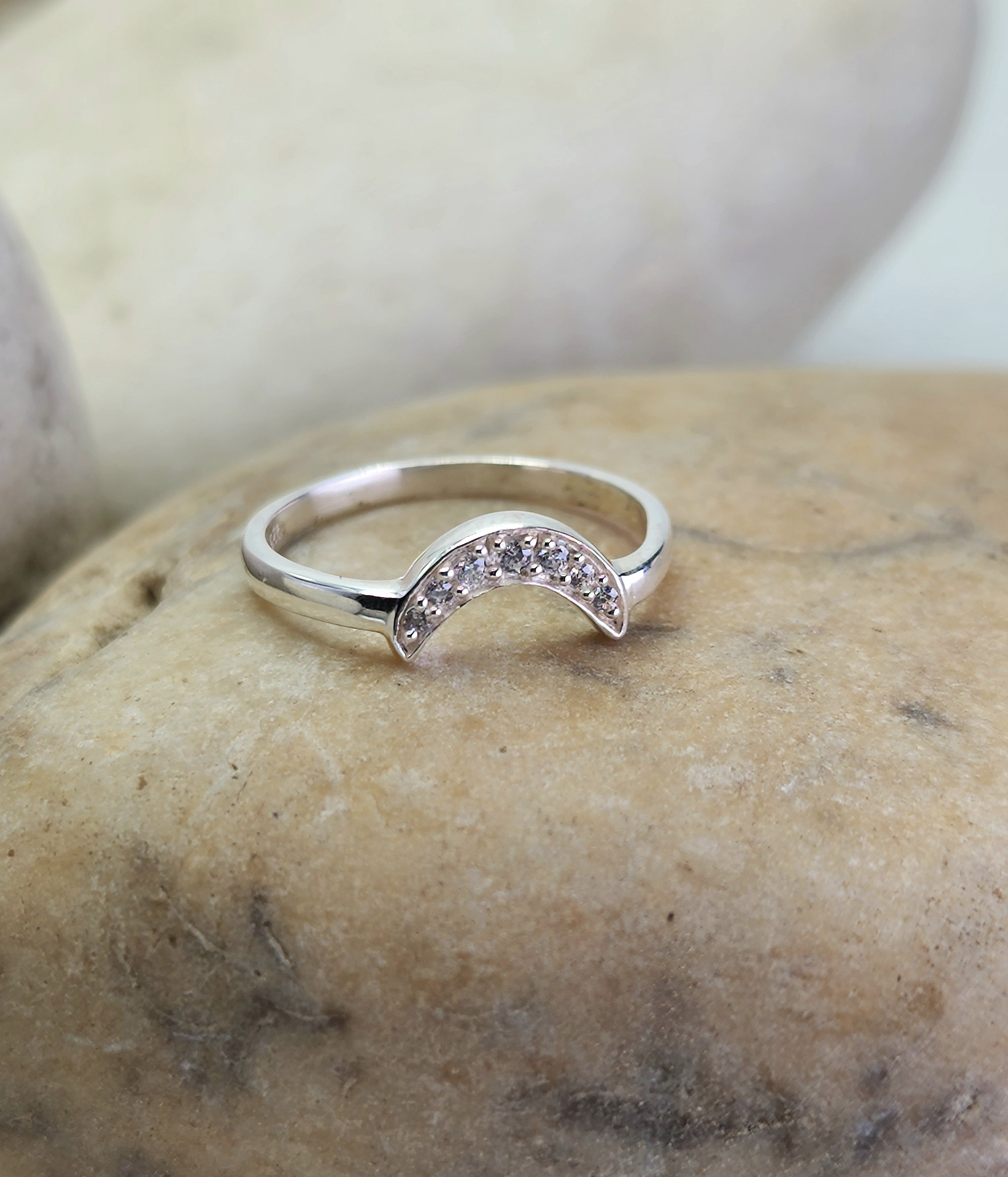Rising Moon Ring in Cubic Zirconia + Sterling Silver – Heart and Lotus