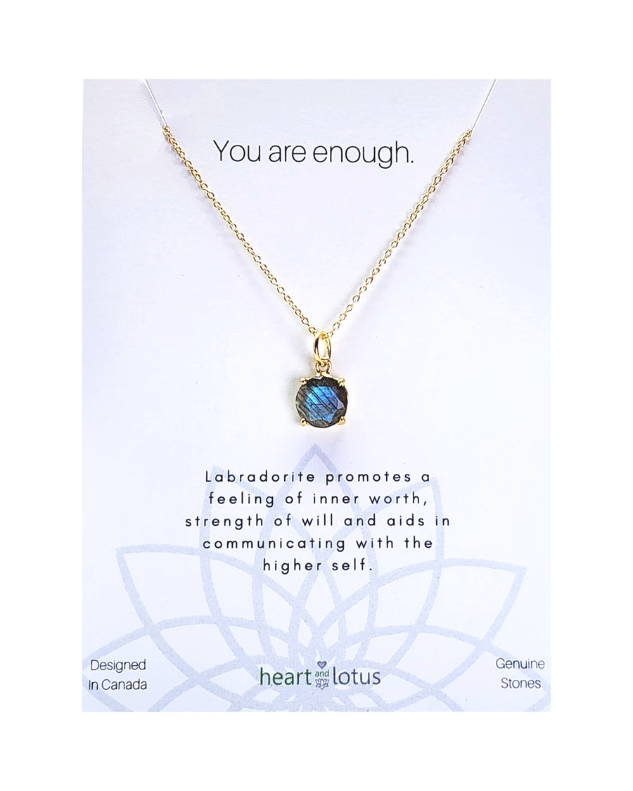 Labradorite Affirmation Small Round Necklace 'You Are Enough' Sterling Silver