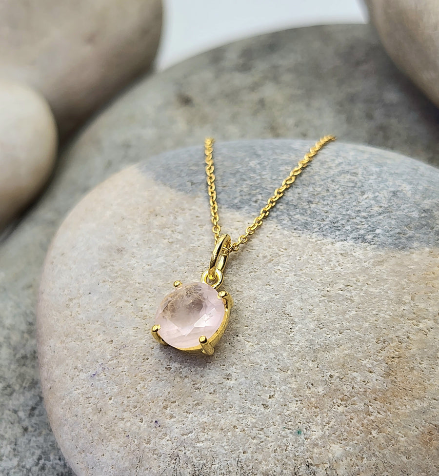 Rose Quartz Affirmation Small Round Necklace "Love" 14K Gold Vermeil