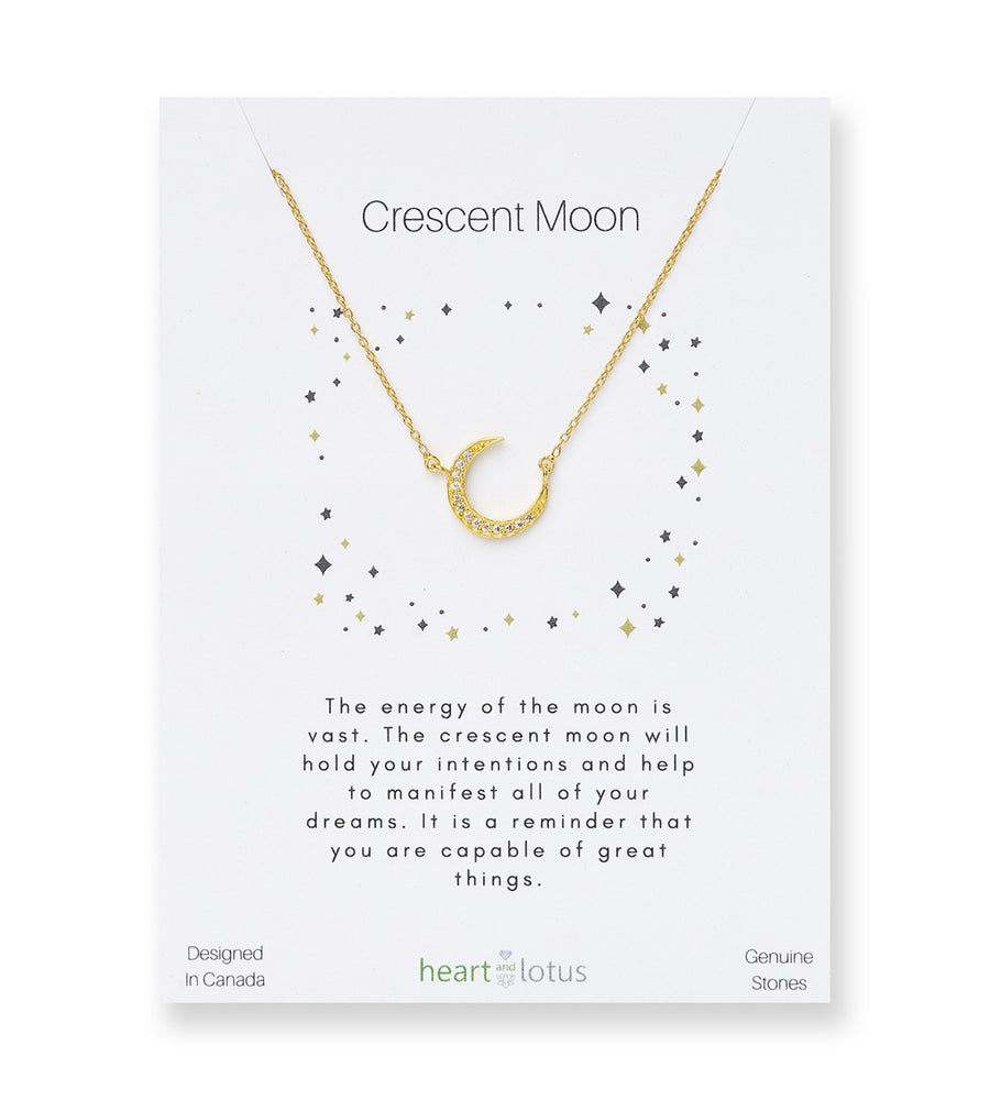 Heart and Lotus Crescent Moon Necklace Gold Crystal