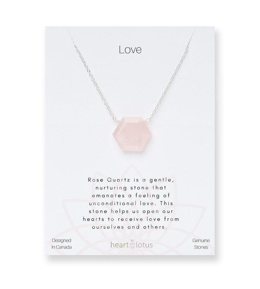 Heart and Lotus Silver Hexagon Rose Quartz Love Affirmation Necklace