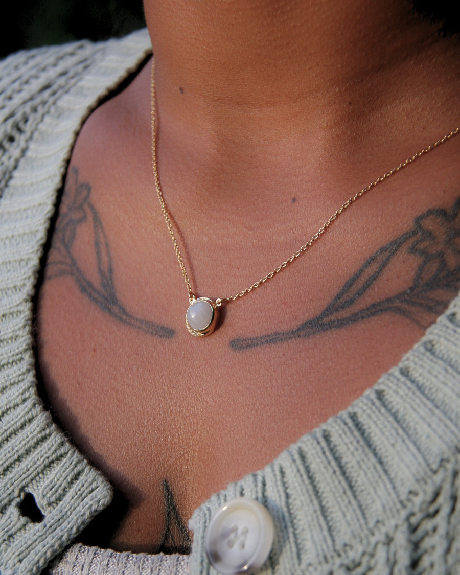 Crescent Moonstone Necklace in Rainbow Moonstone, Cubic Zirconia + Gold