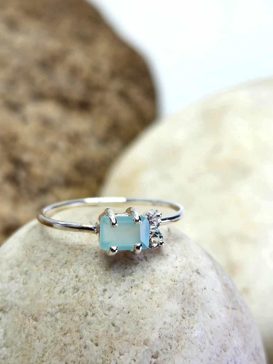 Inner Light Ring in Aqua Chalcedony, Cubic Zirconia + Sterling Silver
