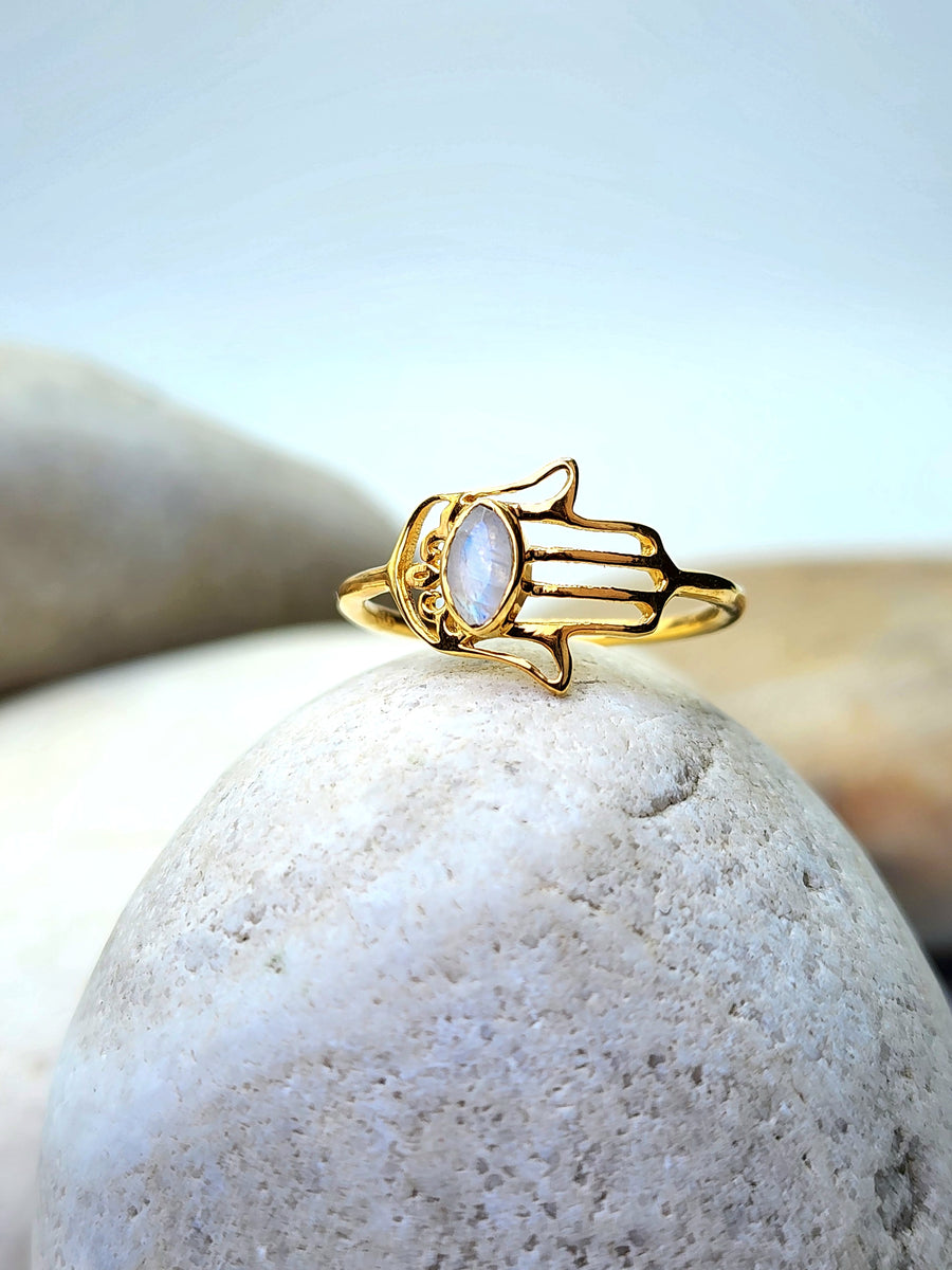 Blessings Hamsa Ring in Rainbow Moonstone +Gold