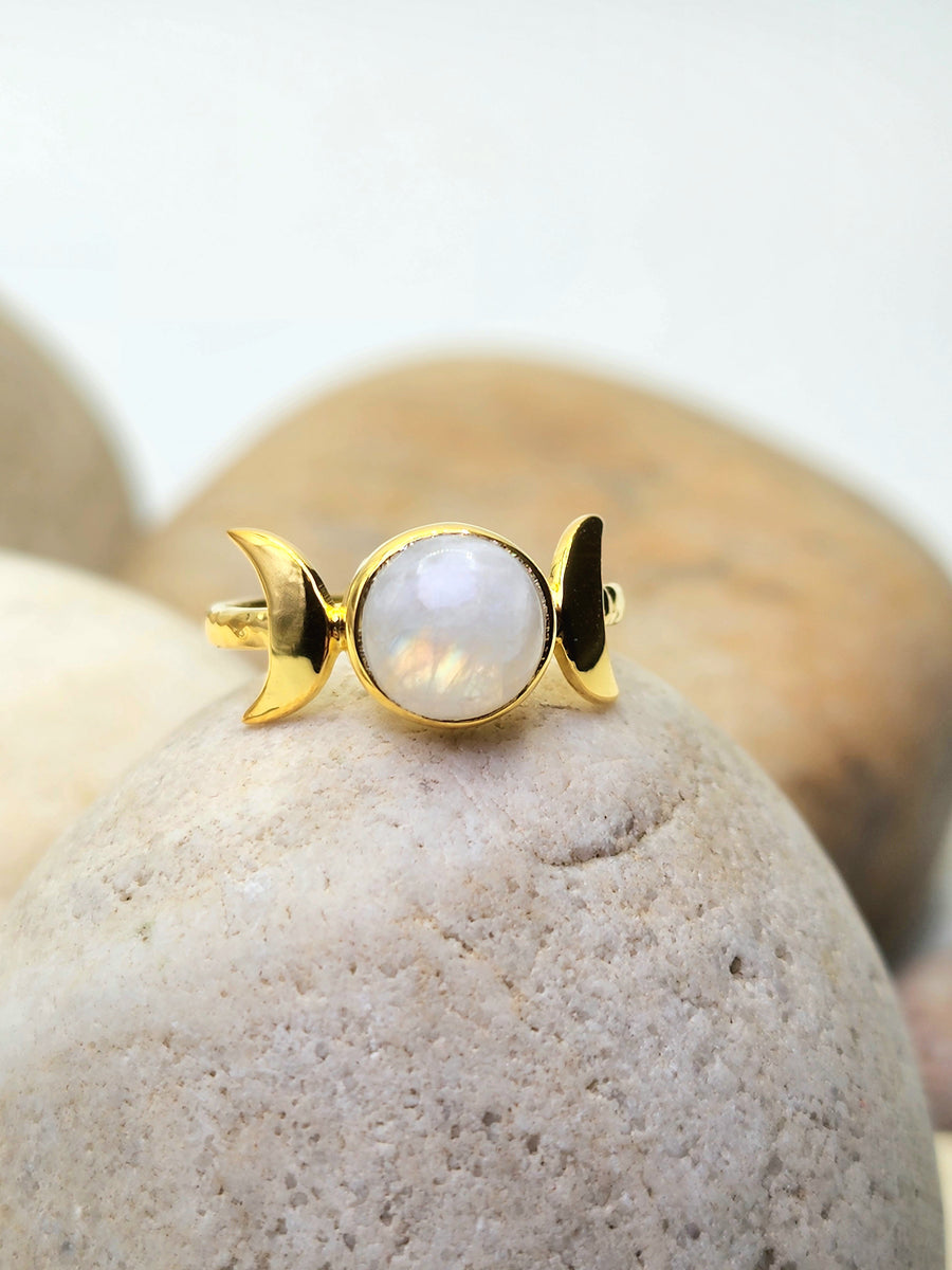 Celestial Moon Ring in Rainbow Moonstone + Gold