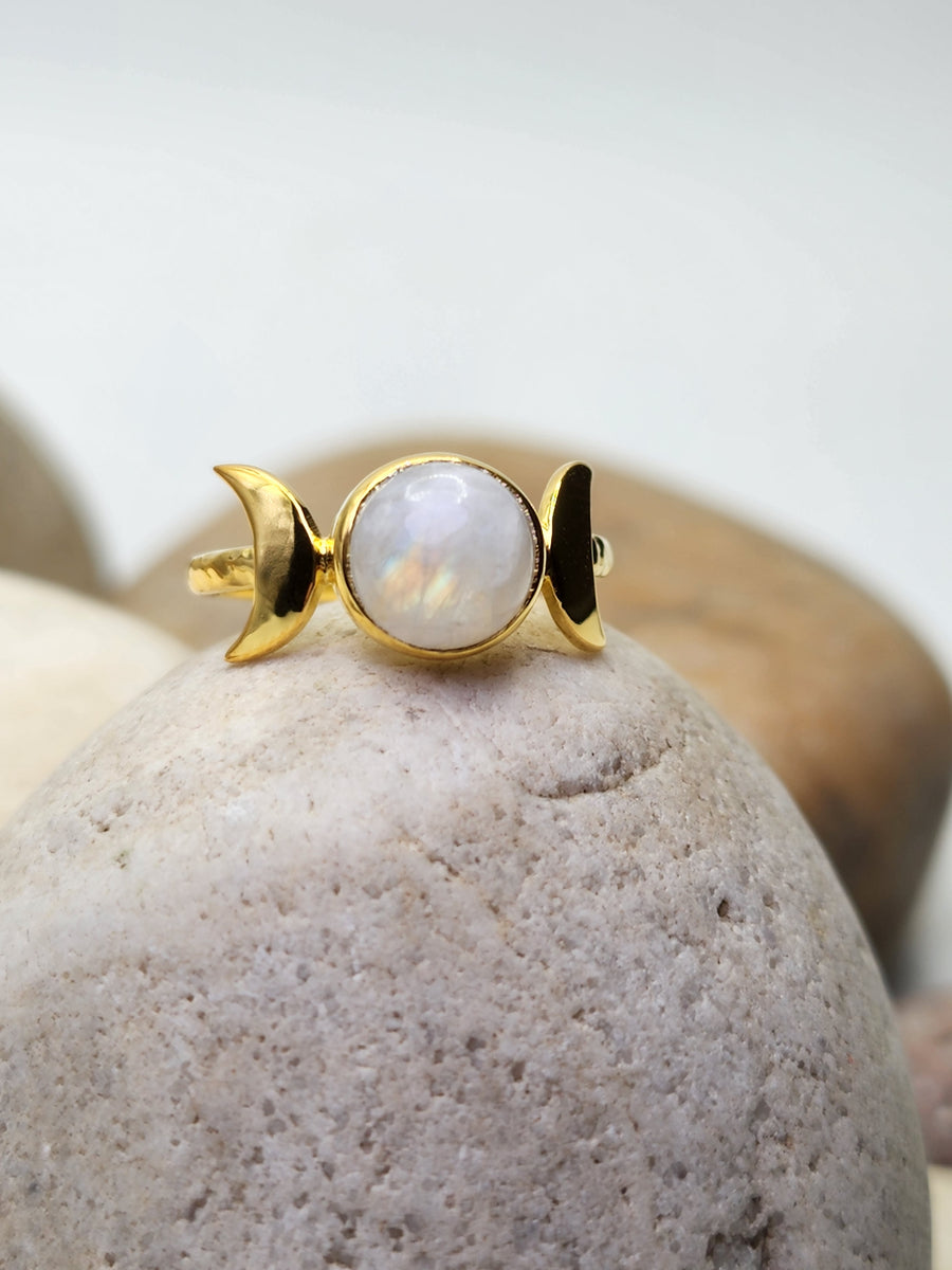 Celestial Moon Ring in Rainbow Moonstone + Gold