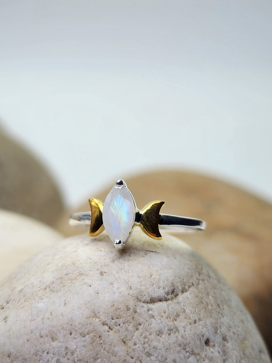 Inner Goddess Ring in Rainbow Moonstone, Sterling Silver + Gold