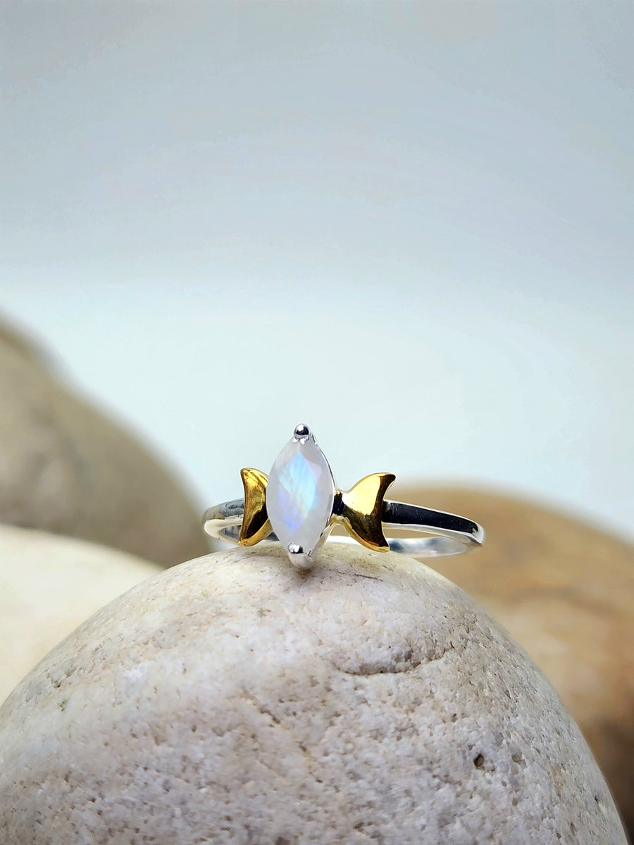 Inner Goddess Rainbow Moonstone Ring Sterling Silver + 14K Gold Vermeil