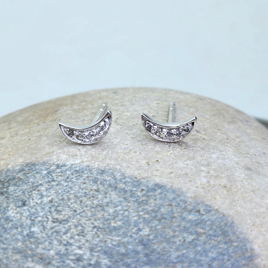 Crescent Moon Earrings in Cubic Zirconia + Sterling Silver