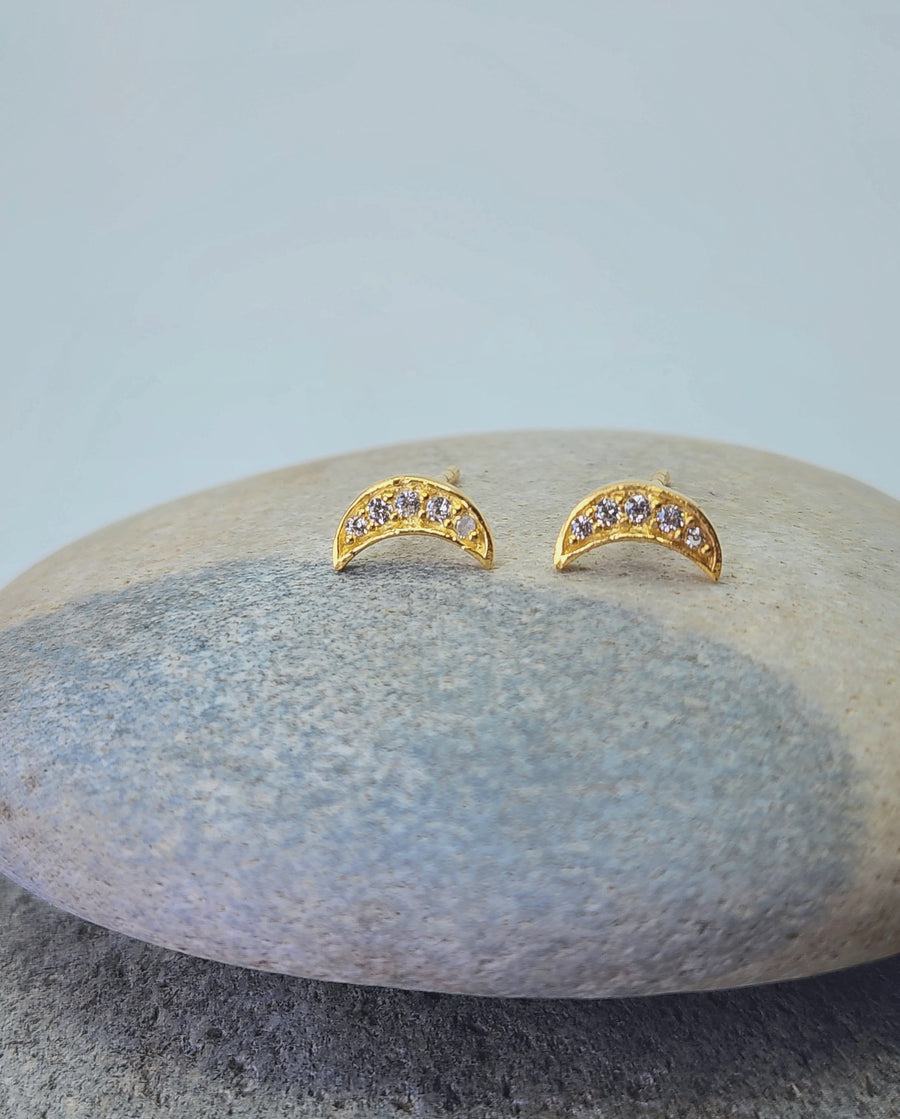 Crescent Moon Earrings in Cubic Zirconia + Sterling Silver