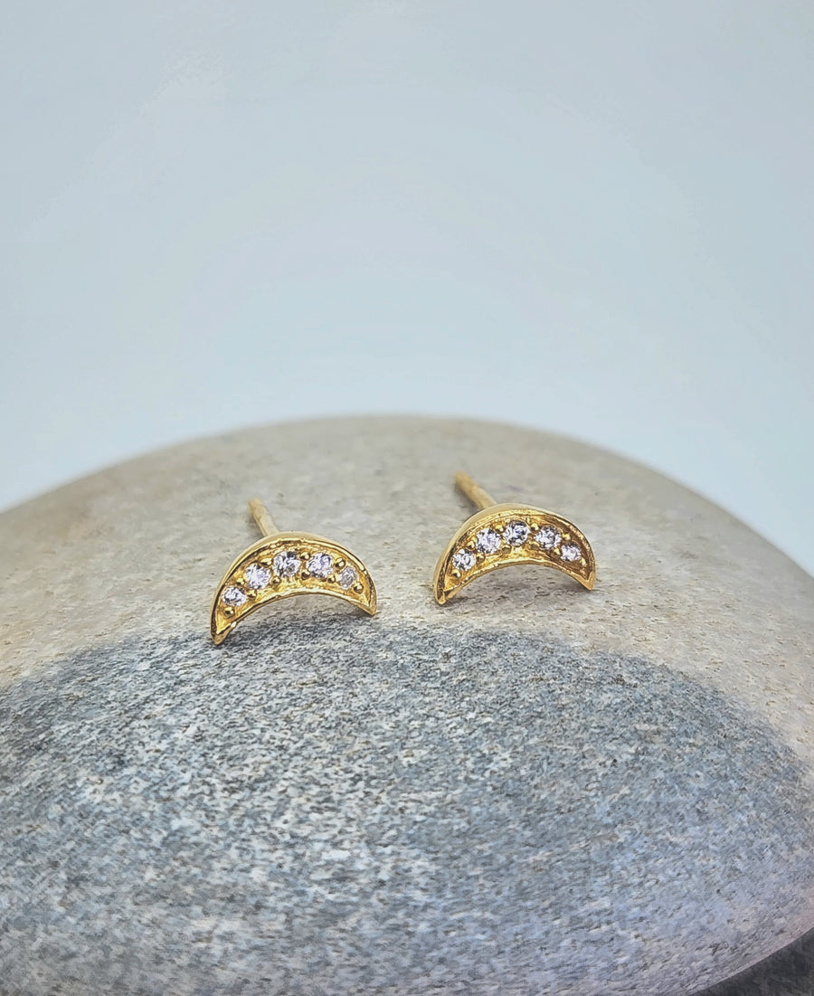 Crescent Moon Earrings in Cubic Zirconia + Sterling Silver