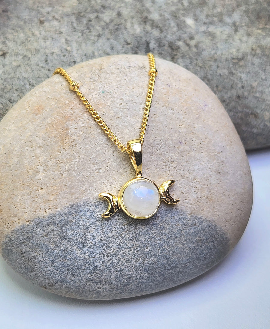 Triple Moon Necklace in Rainbow Moonstone Gold – Heart and Lotus