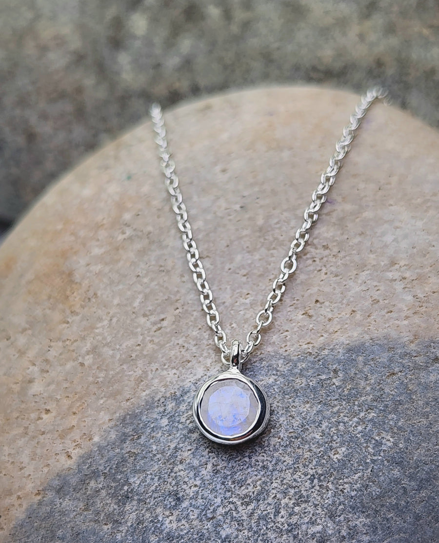 June Birthstone Necklace in Rainbow Moonstone + Sterling Silver