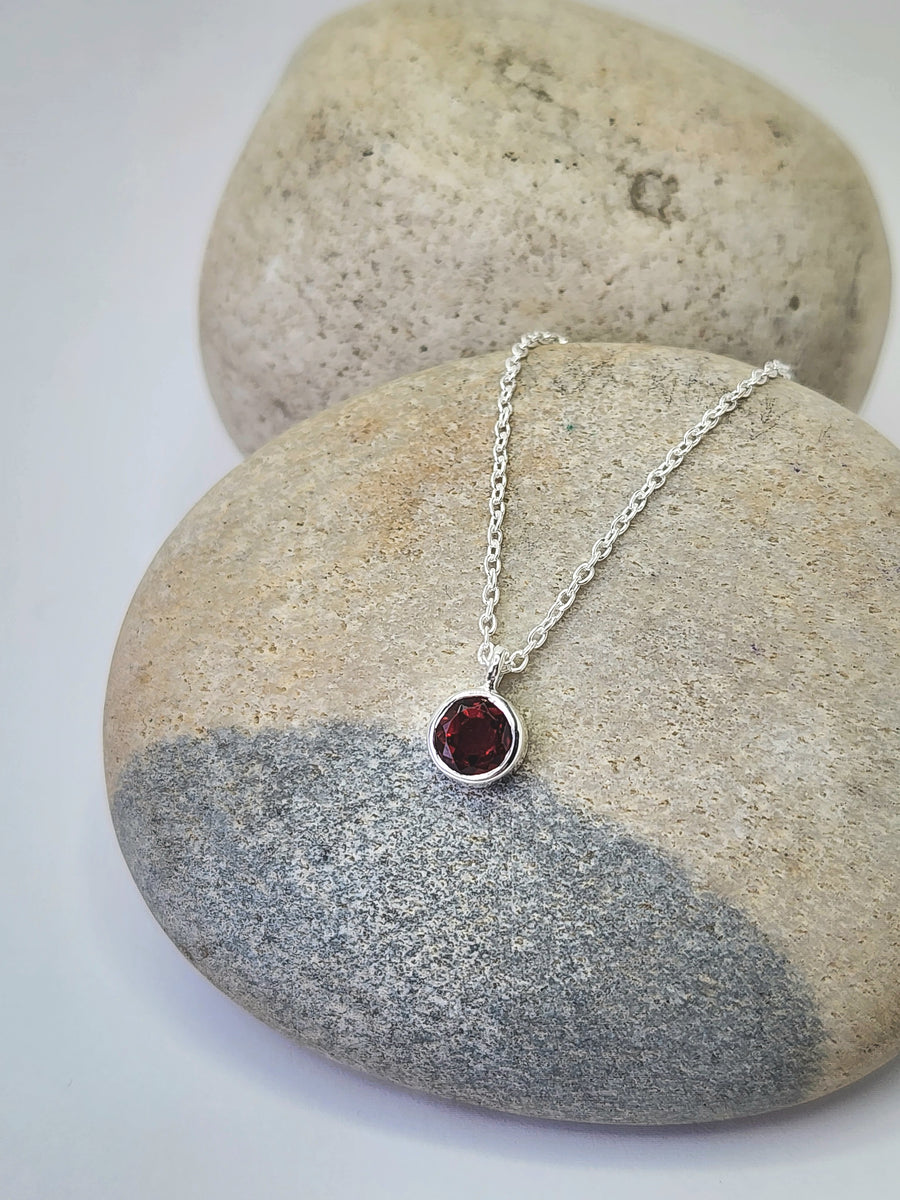 January Birthstone Necklace in Garnet + Sterling Silver