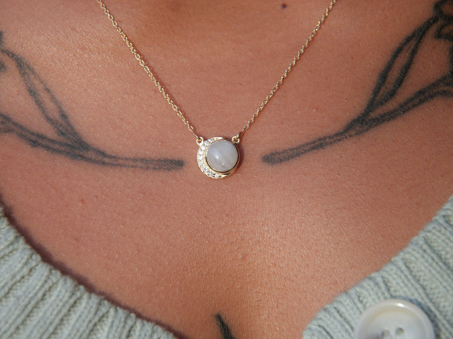 Crescent Moonstone Necklace in Rainbow Moonstone, Cubic Zirconia + Gold