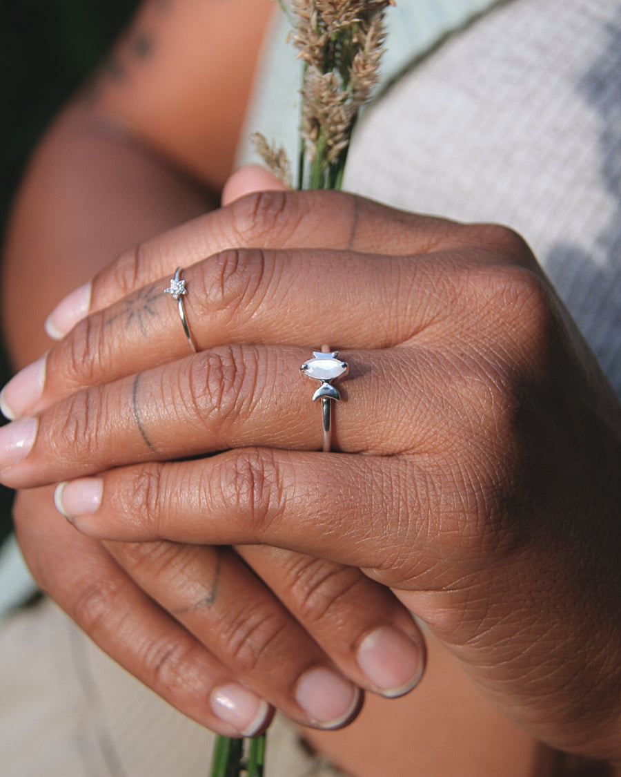 Inner Goddess Ring in Rainbow Moonstone + Silver