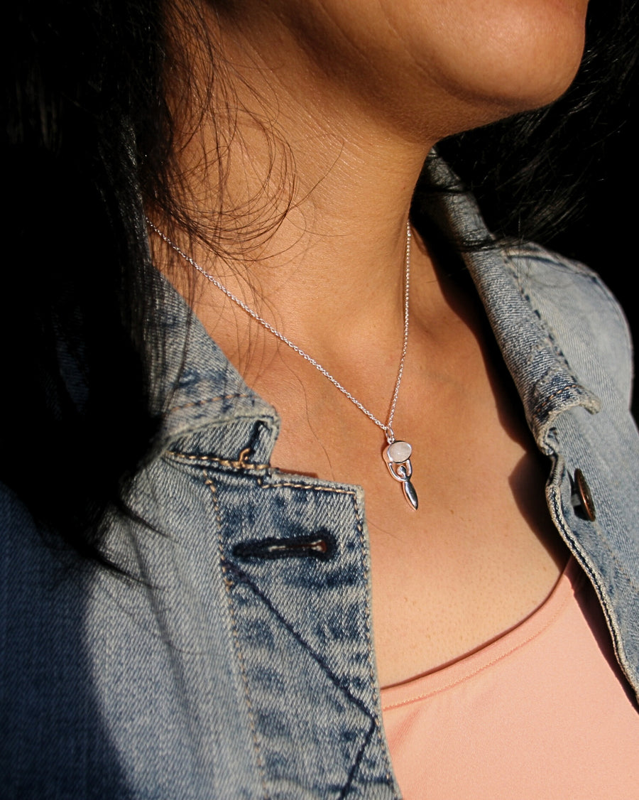 Goddess Necklace in Rainbow Moonstone + Sterling Silver