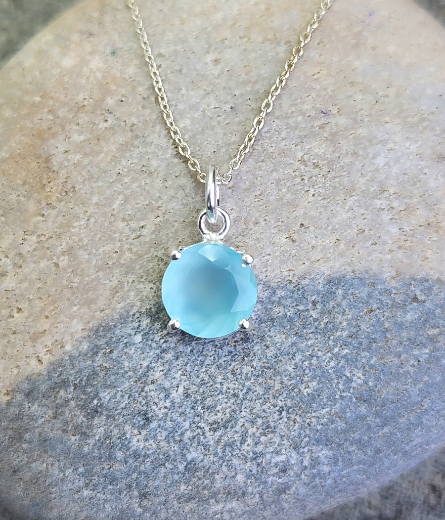 Loving Kindness Necklace in Small Round Aqua Chalcedony + Sterling Silver