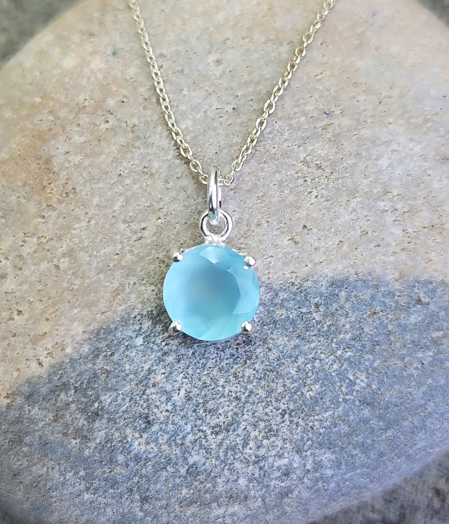 Aqua Chalcedony Affirmation Small Round Necklace "Loving Kindness" Sterling Silver