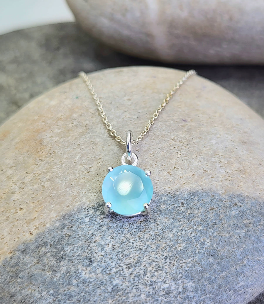Aqua Chalcedony Affirmation Small Round Necklace "Loving Kindness" Sterling Silver