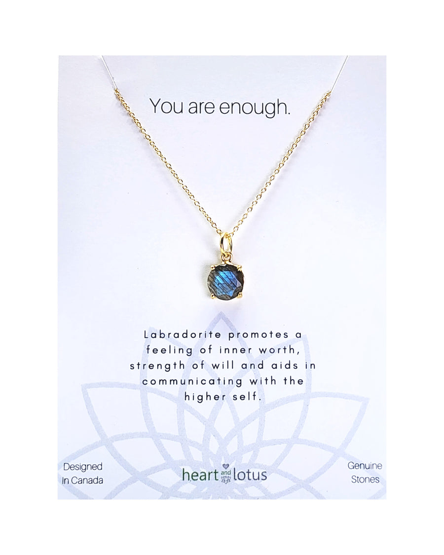 Labradorite Affirmation Small Round Necklace 'You Are Enough' 14K Gold Vermeil