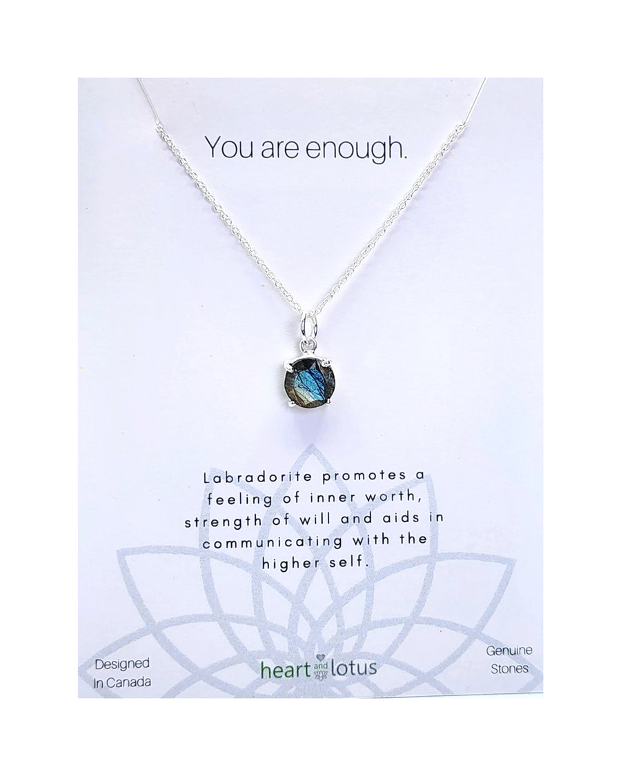 Labradorite Affirmation Small Round Necklace 'You Are Enough' Sterling Silver