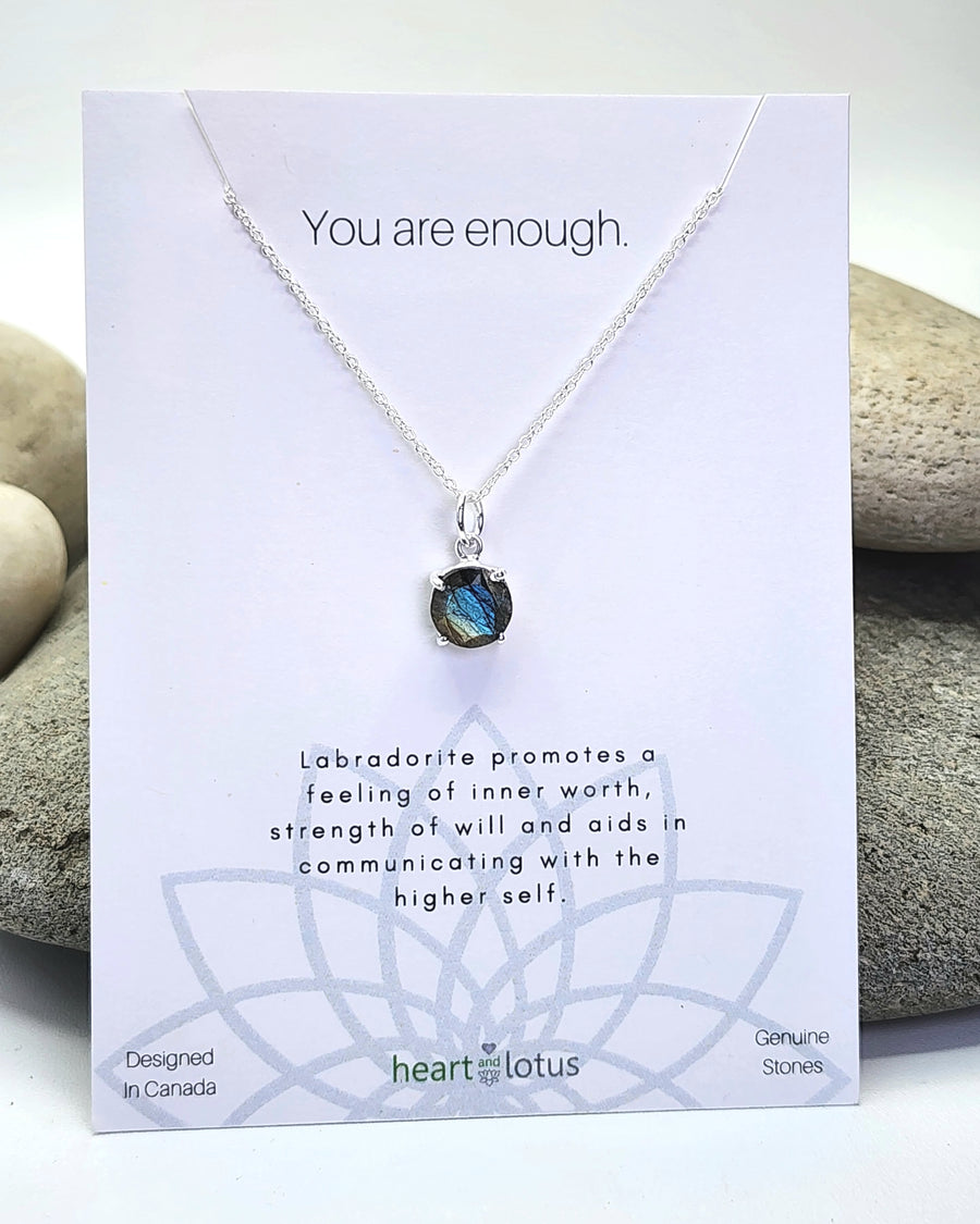 Labradorite Affirmation Small Round Necklace 'You Are Enough' 14K Gold Vermeil