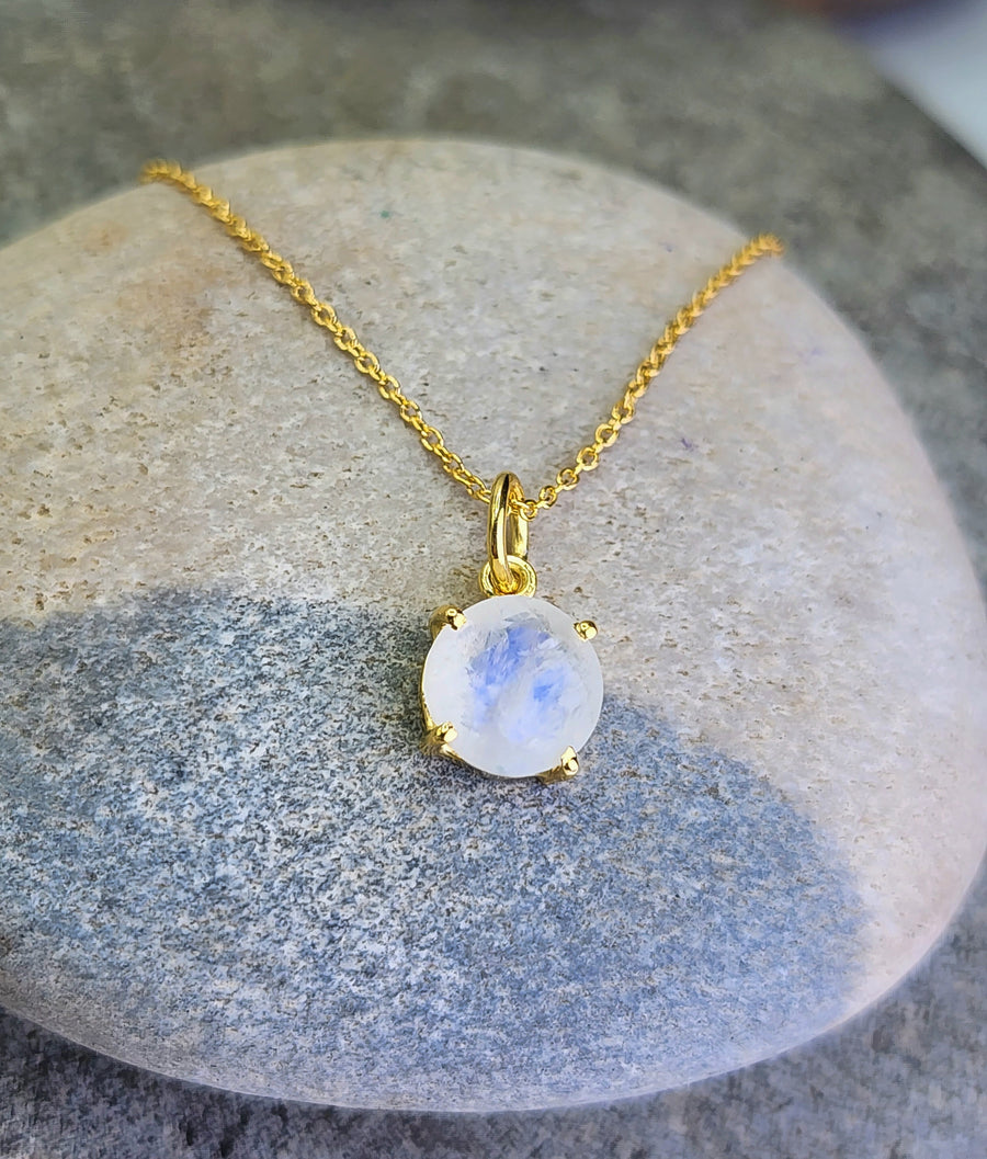 Rainbow Moonstone Affirmation Small Round Necklace "Deep Trust" 14K Gold Vermeil