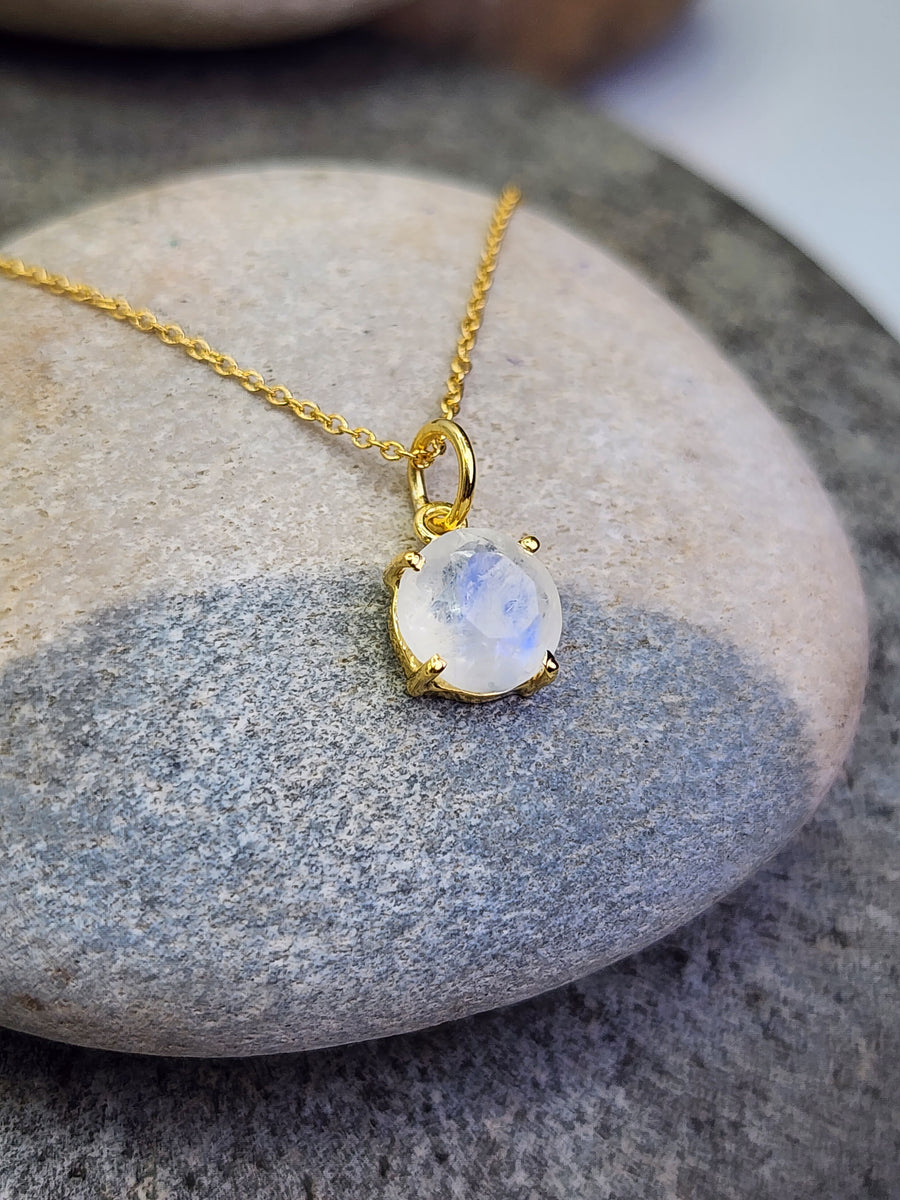 Rainbow Moonstone Affirmation Small Round Necklace "Deep Trust" 14K Gold Vermeil