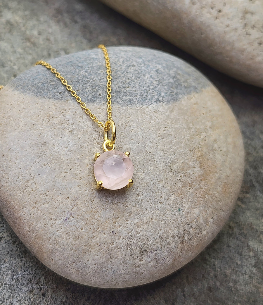 Rose Quartz Affirmation Small Round Necklace "Love" 14K Gold Vermeil