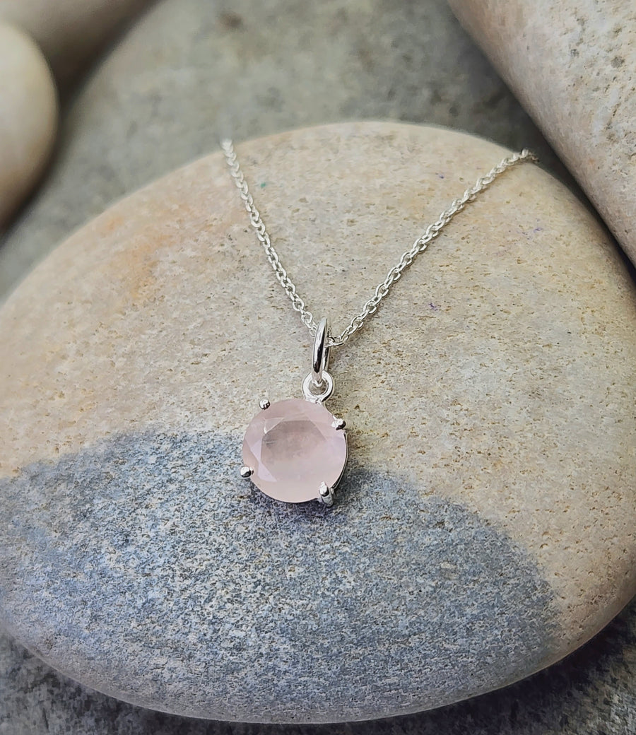 Rose Quartz Affirmation Small Round Necklace "Love" Sterling Silver