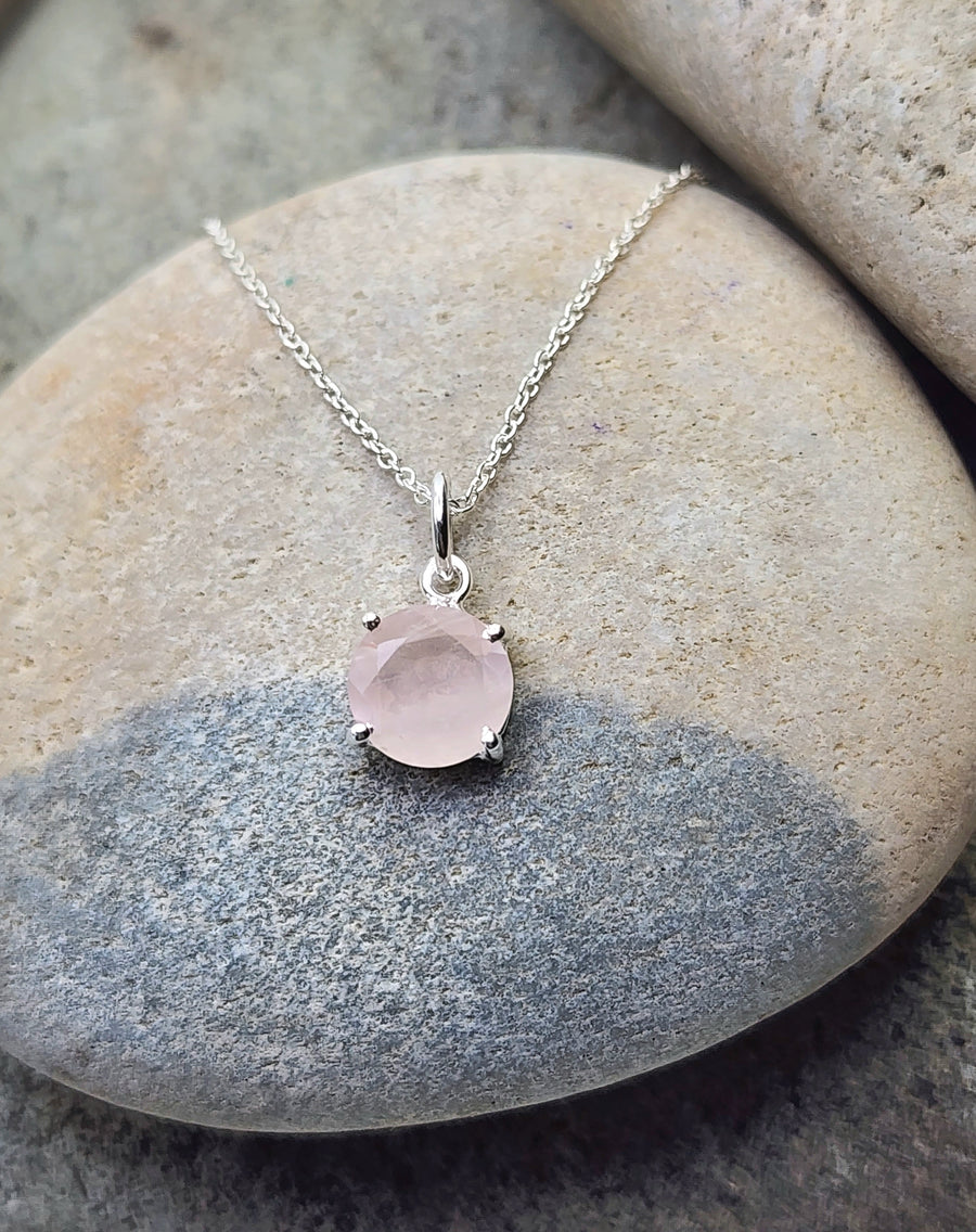 Rose Quartz Affirmation Small Round Necklace "Love" Sterling Silver