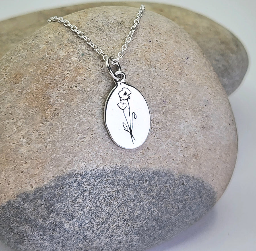 August Birth Flower Necklace in Poppy + Sterling Silver