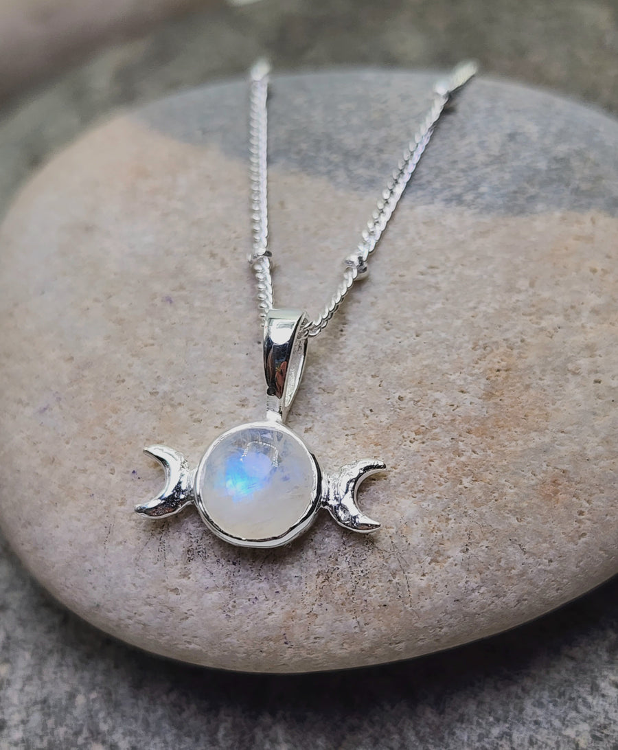 Triple Moon Necklace in Rainbow Moonstone + Sterling Silver