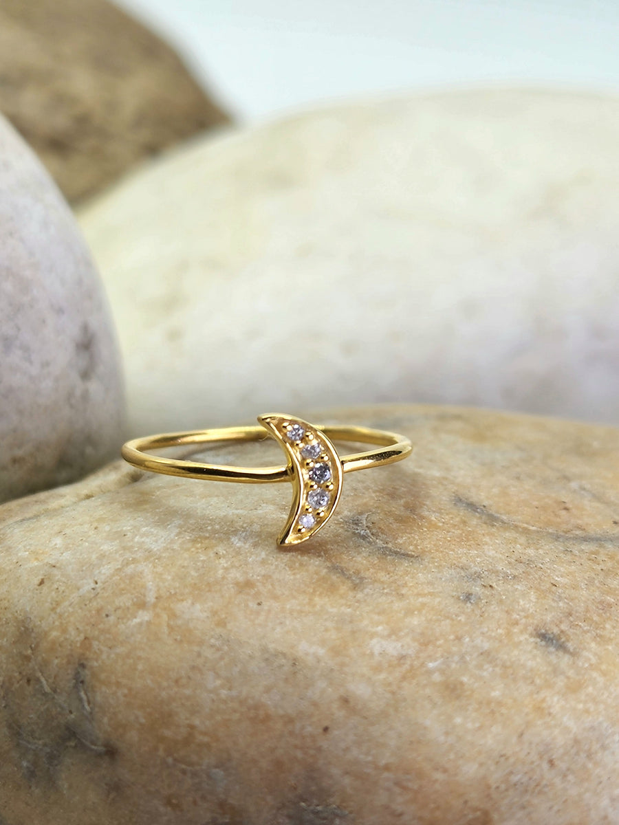 Crescent Moon Ring in Cubic Zirconia + Gold