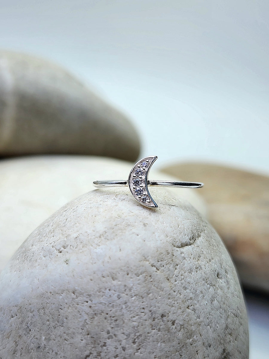 Crescent Moon Ring in Cubic Zirconia + Gold