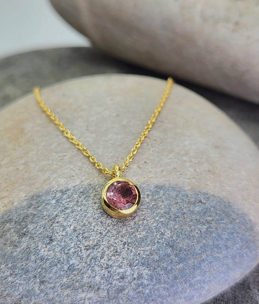 October Pink Tourmaline Birthstone Necklace 14K Gold Vermeil