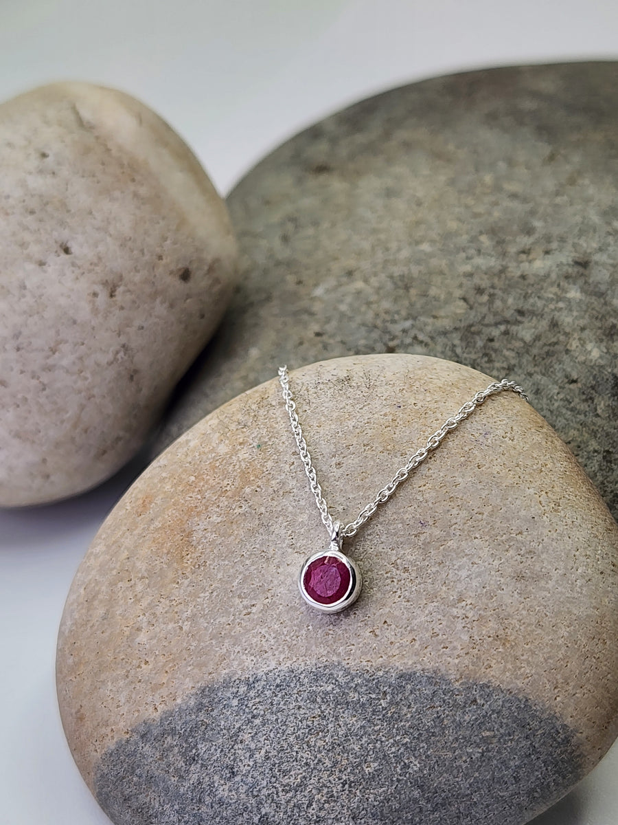 July Birthstone Necklace in Ruby + Sterling Silver