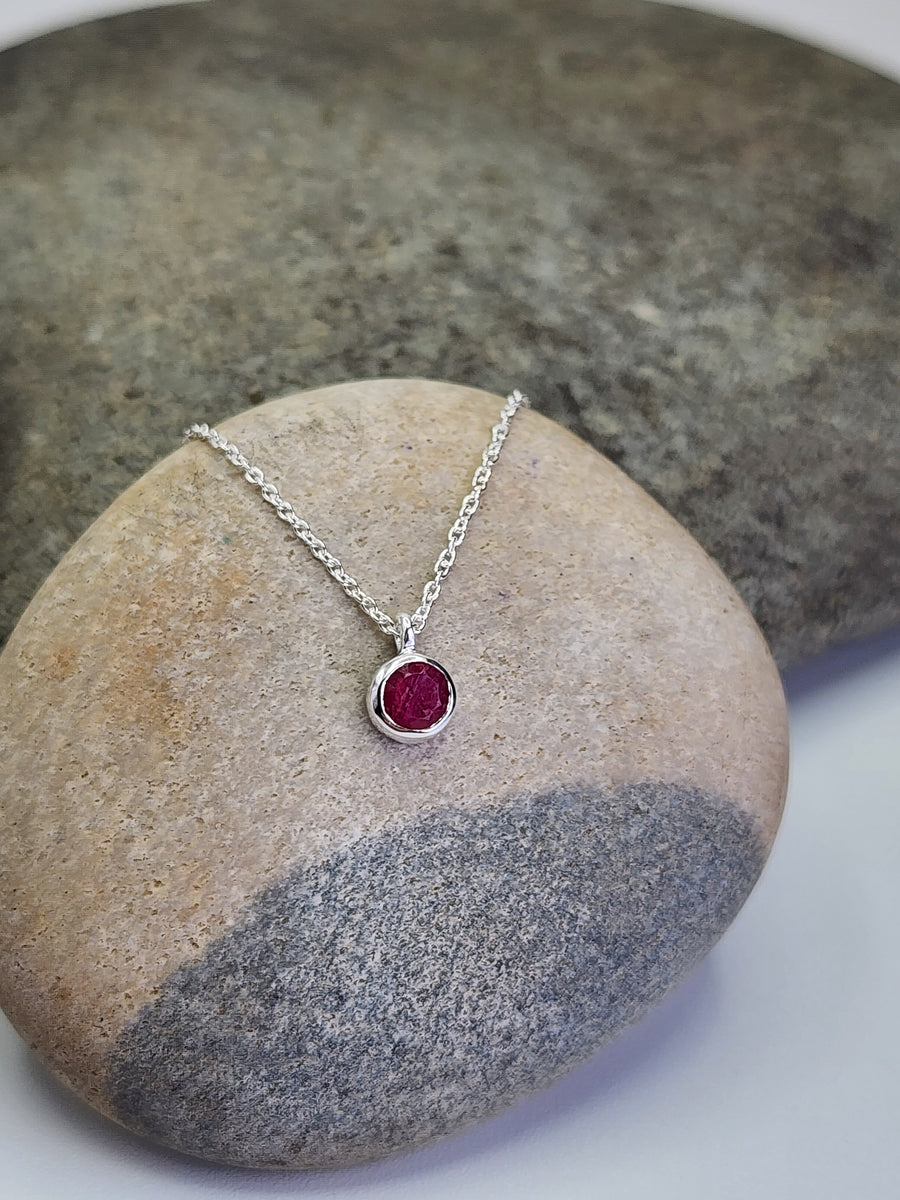 July Birthstone Necklace in Ruby + Sterling Silver