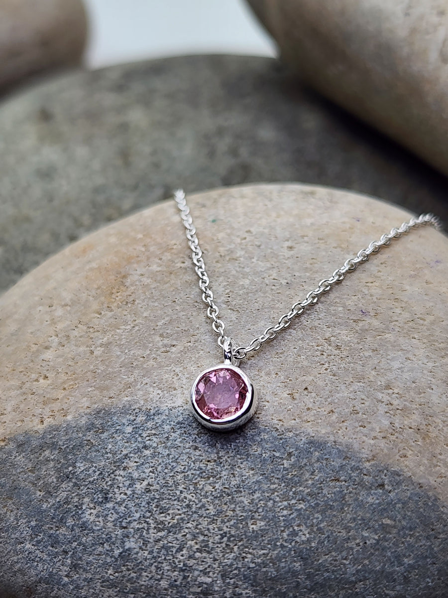 October Pink Tourmaline Birthstone Necklace Sterling Silver