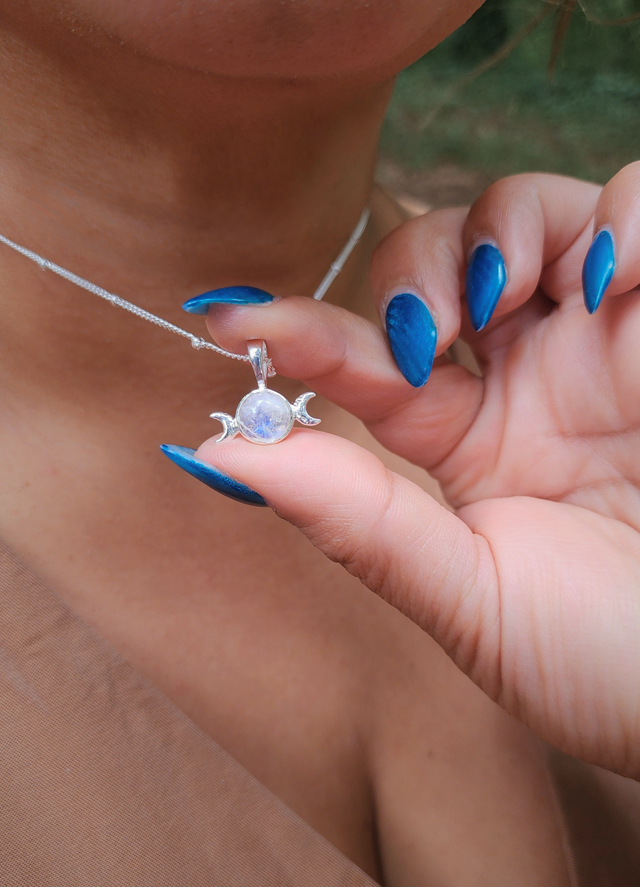 Triple Moon Necklace in Rainbow Moonstone + Sterling Silver