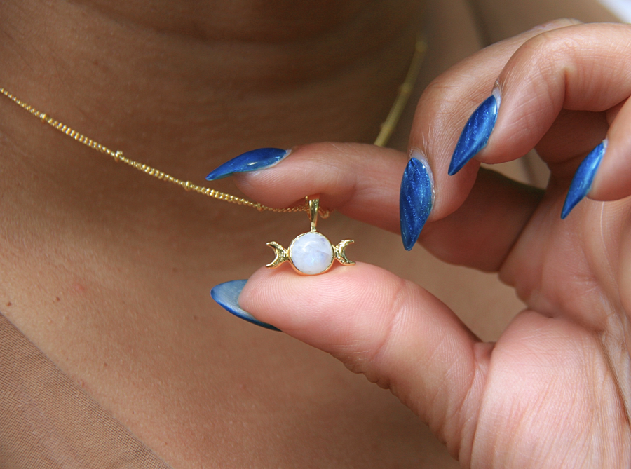 Triple Moon Necklace in Rainbow Moonstone Gold