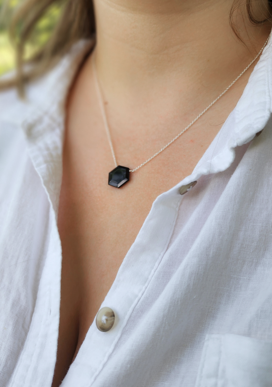 Loving Kindness Necklace in Aqua Chalcedony Hexagon + Sterling Silver