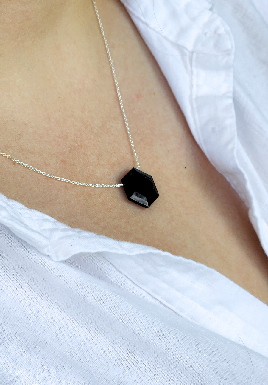 Loving Kindness Necklace in Aqua Chalcedony Hexagon + Sterling Silver