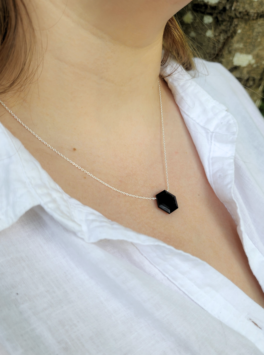 Stress Relief Necklace in Onyx Hexagon + Sterling Silver