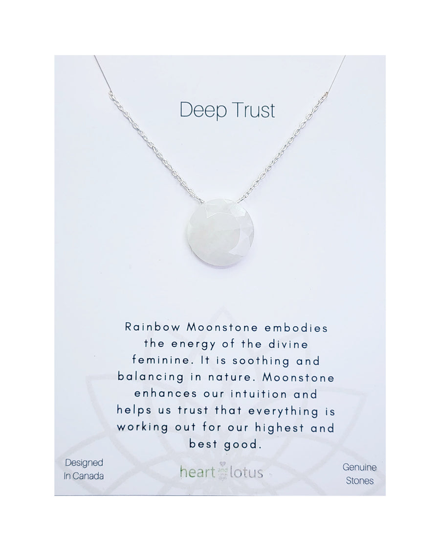 Deep Trust Necklace in Round Rainbow Moonstone + Sterling Silver
