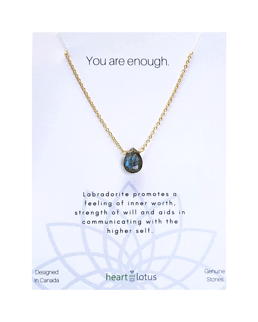 Labradorite Affirmation Small Teardrop Necklace 'You Are Enough' 14K Gold Vermeil