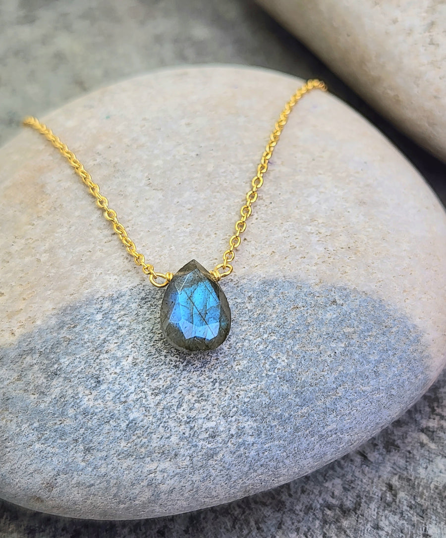 Labradorite Affirmation Small Teardrop Necklace 'You Are Enough' 14K Gold Vermeil