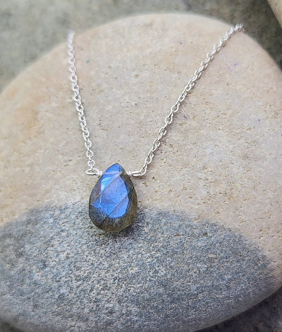 Labradorite Affirmation Small Teardrop Necklace 'You Are Enough' 14K Gold Vermeil