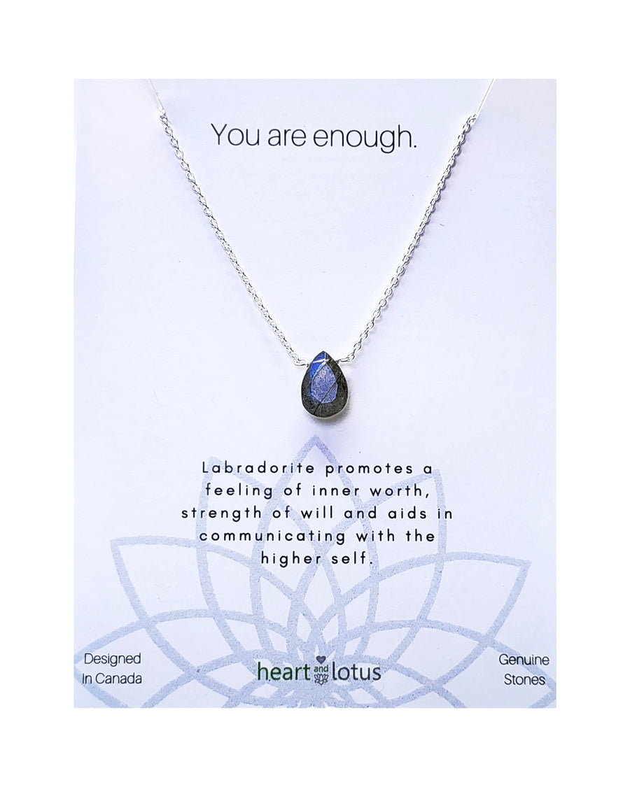 Labradorite Affirmation Small Teardrop Necklace 'You Are Enough' 14K Gold Vermeil